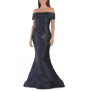 TERANI Navy Off The Shoulder Mikado Floral Gown